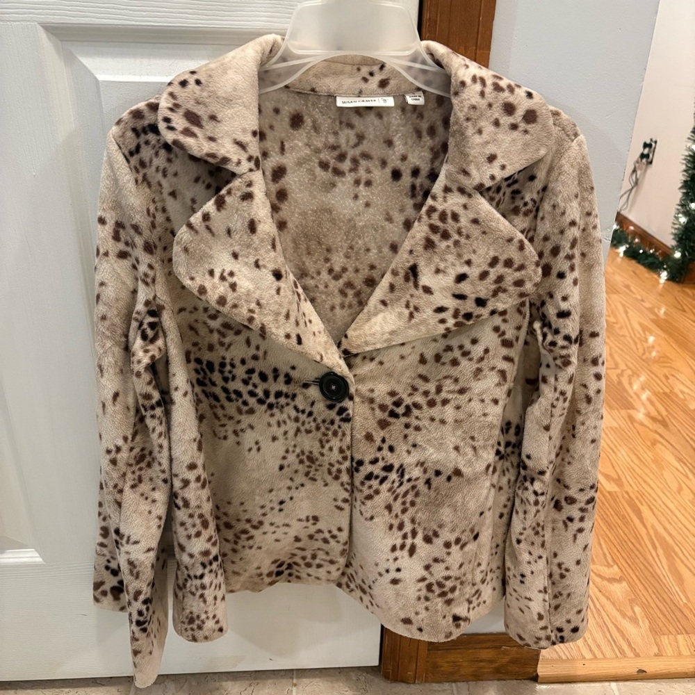Susan Graver Leopard Animal Print Fleece Blazer Jacket S QVC Oversized Collar